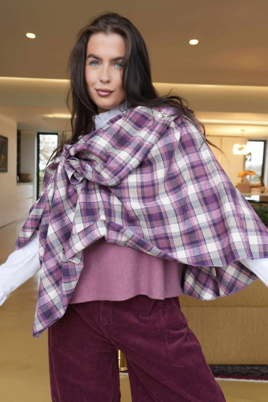 Roberta Plaid Brushed Cotton Drape Cape Aubergine